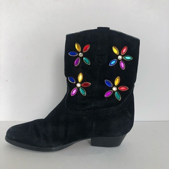 J Bar J black suede cowgirl boots with floral rhinestones on the shaft. - Picture 6 of 8